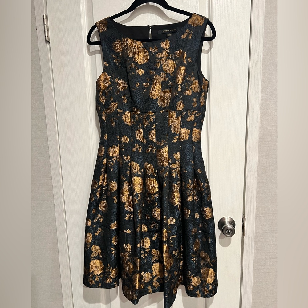 Cynthia Steffe Blue and Black Pleated Midi Dress